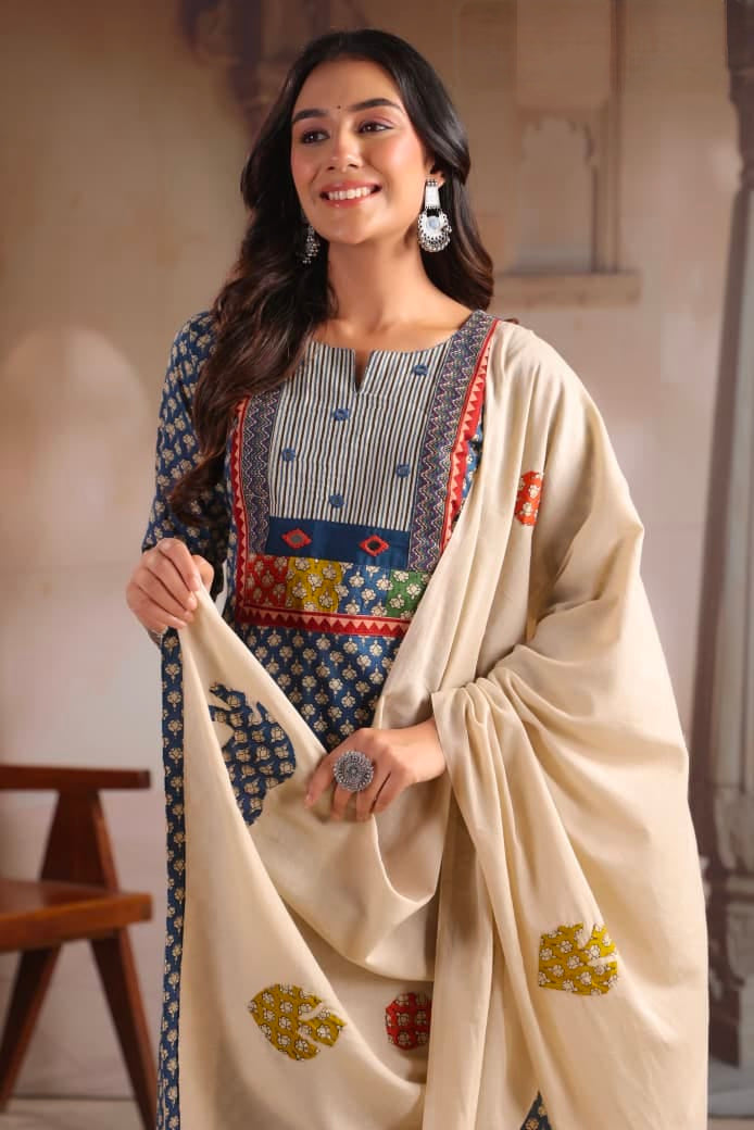 Women's Cotton Kurta Set in Assorted Colors with Embroidered Yoke
