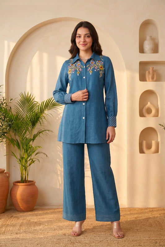 Women's Linen Cord Set in Assorted Colors with Floral Embroidery