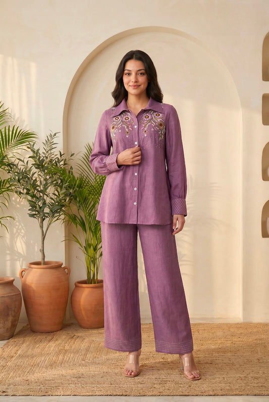 Women's Linen Cord Set in Assorted Colors with Floral Embroidery