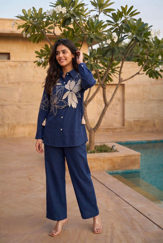Women's Cotton Cord Set in Assorted Colors with Floral Embroidery