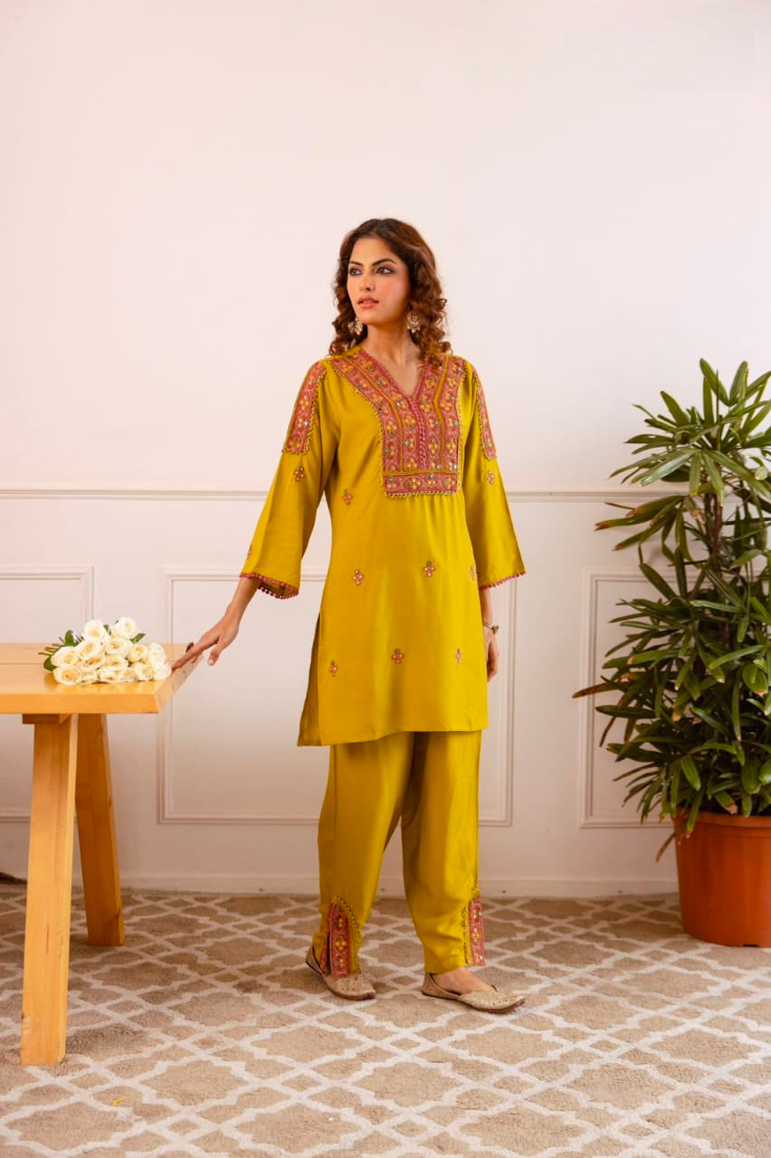 Women's Kurti Pant Set in Assorted Colors German Rayon with Embroidery