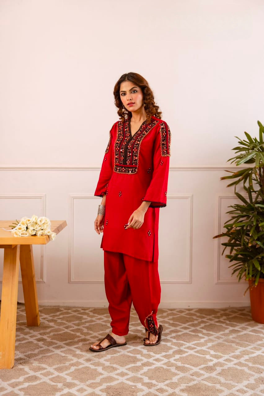 Women's Kurti Pant Set in Assorted Colors German Rayon with Embroidery