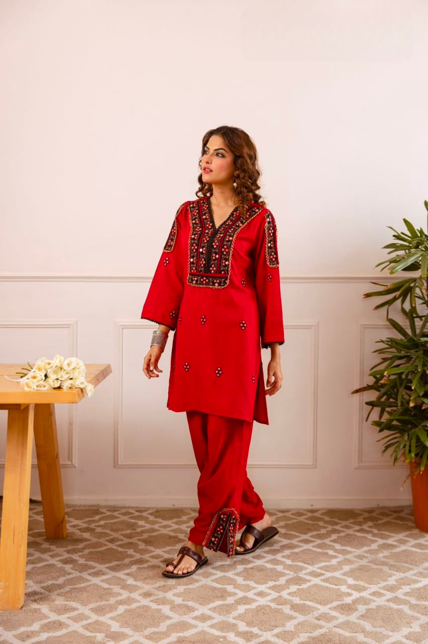 Women's Kurti Pant Set in Assorted Colors German Rayon with Embroidery