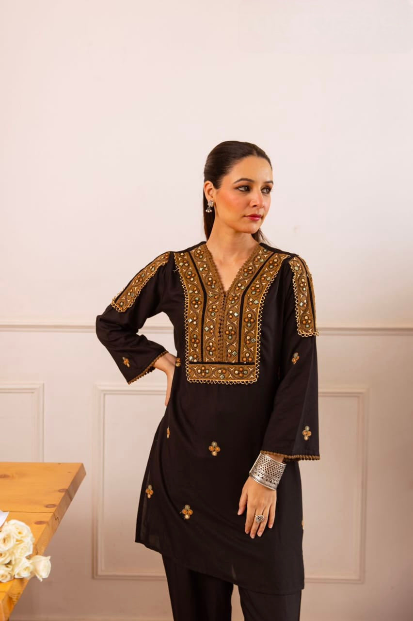 Women's Kurti Pant Set in Assorted Colors German Rayon with Embroidery