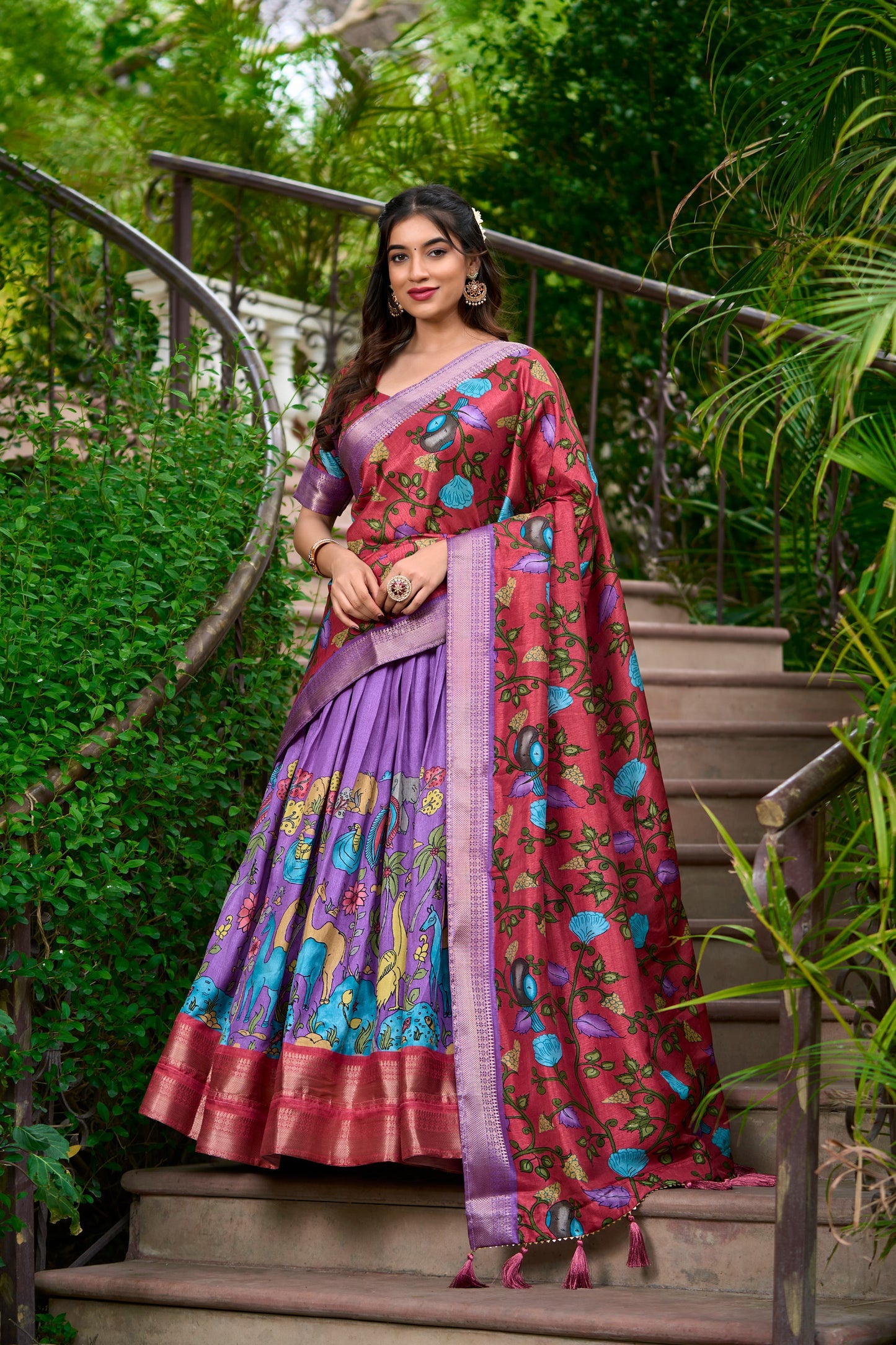 Women's Lehenga Choli in Lavender Dola Silk with Kalamkari Print and Zari Weaving Border