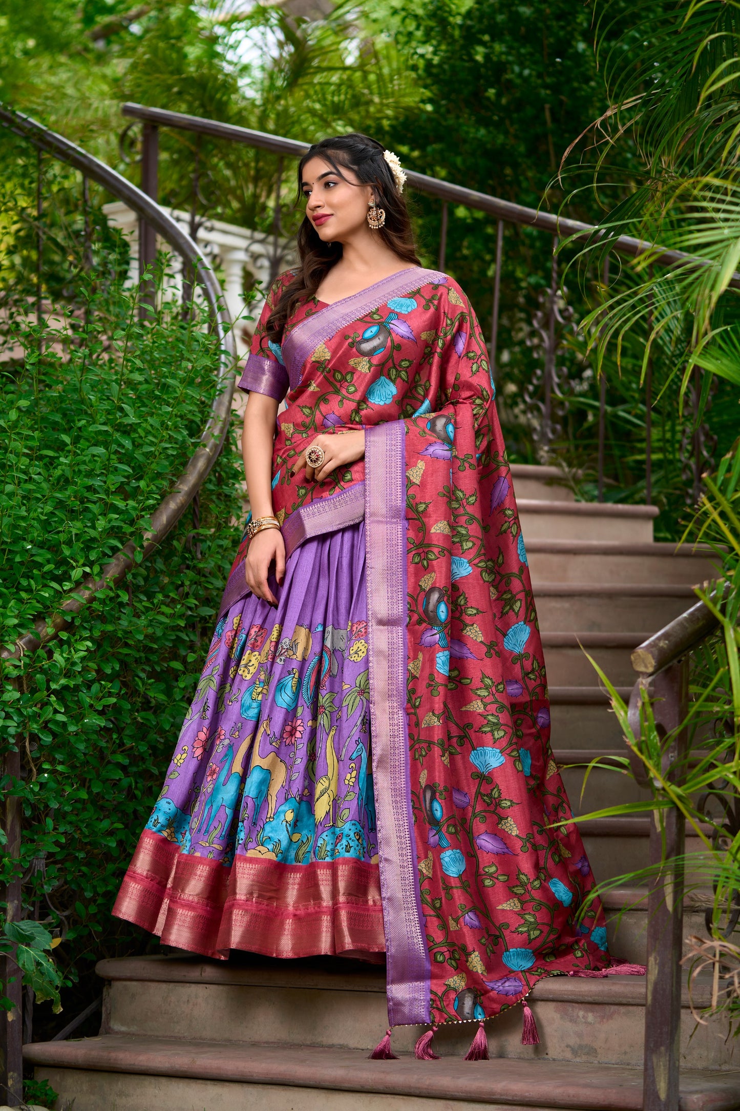 Women's Lehenga Choli in Lavender Dola Silk with Kalamkari Print and Zari Weaving Border