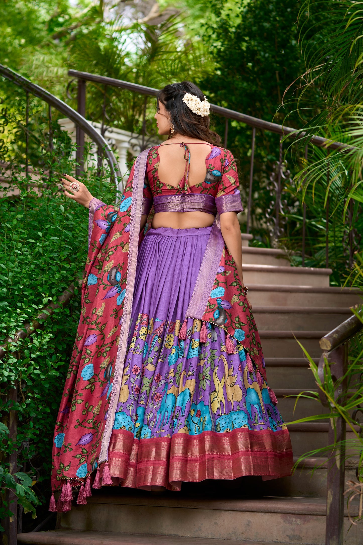 Women's Lehenga Choli in Lavender Dola Silk with Kalamkari Print and Zari Weaving Border