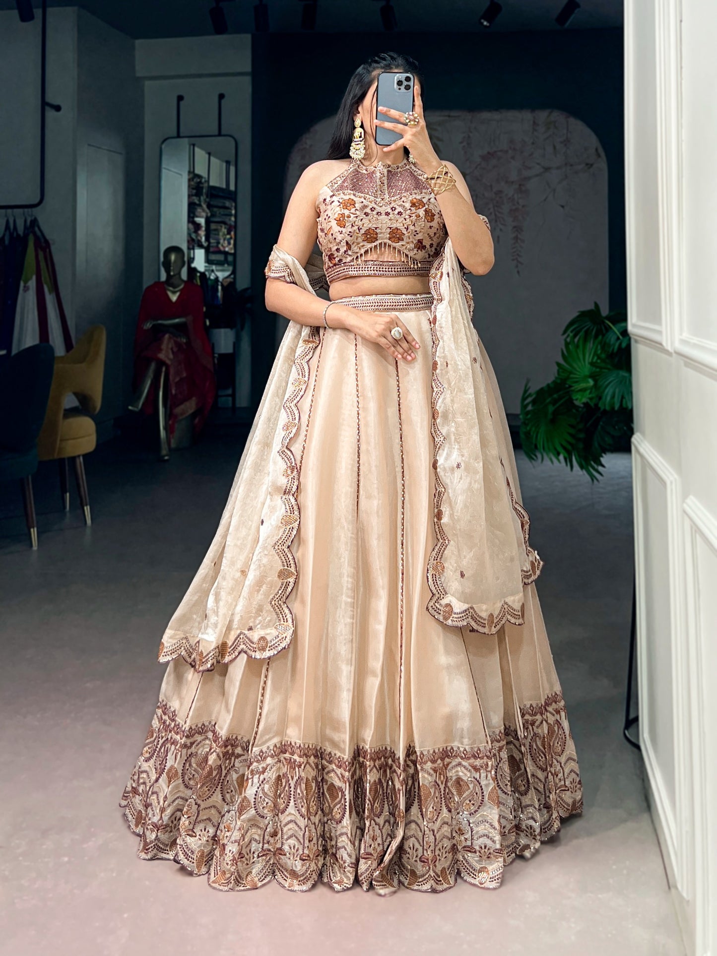 Women's Lehenga Choli in Champagne Beige Spider Crush Fabric with Sequins and Thread Embroidery