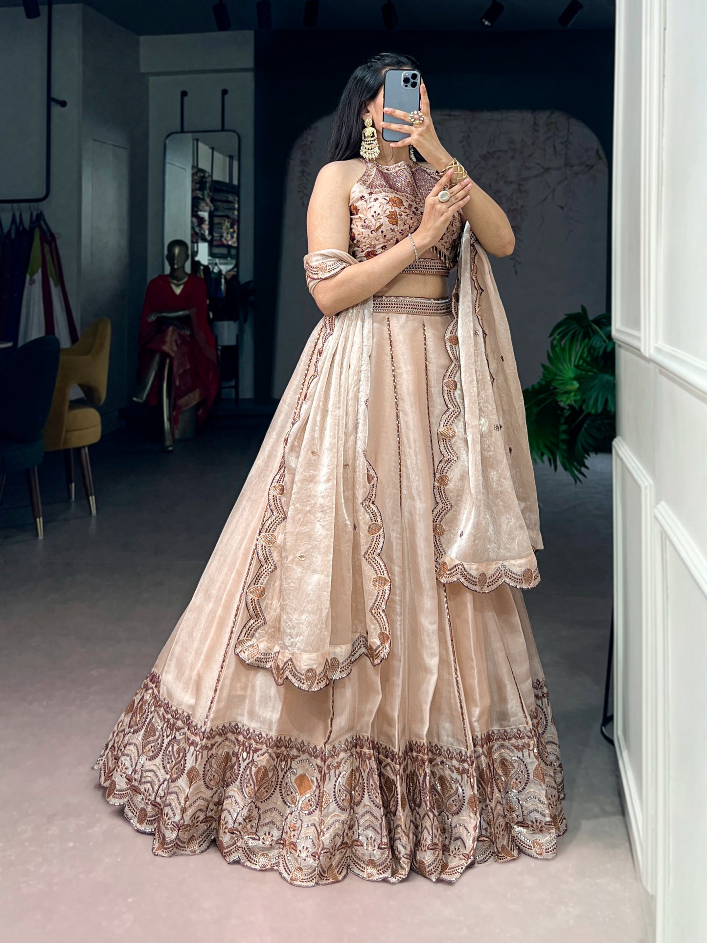 Women's Lehenga Choli in Champagne Beige Spider Crush Fabric with Sequins and Thread Embroidery