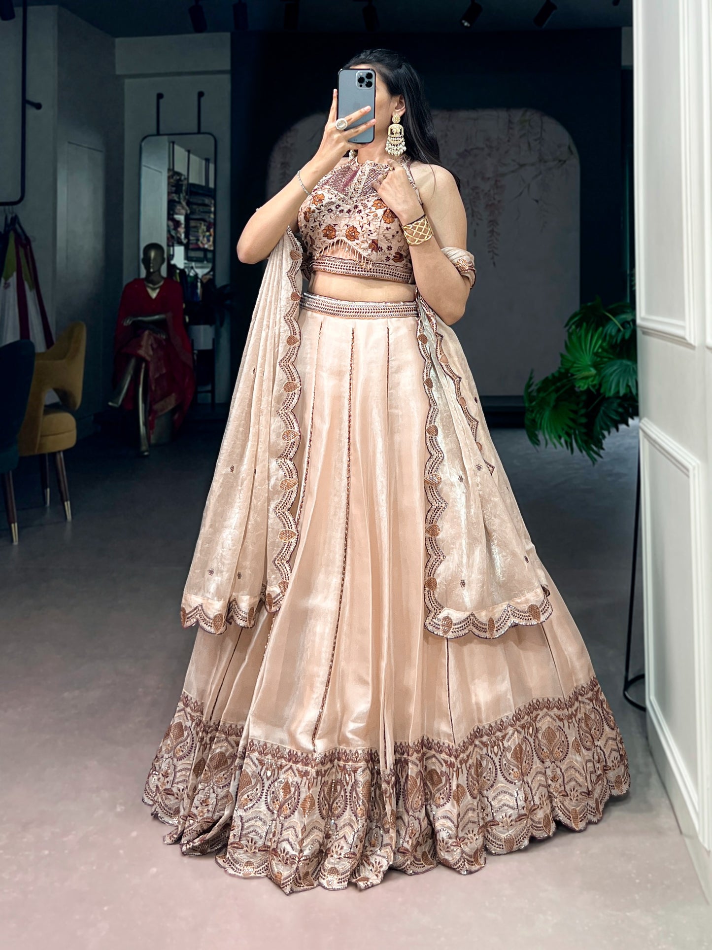 Women's Lehenga Choli in Champagne Beige Spider Crush Fabric with Sequins and Thread Embroidery