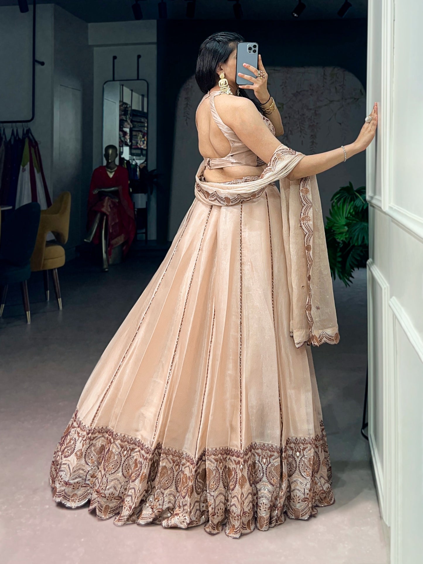 Women's Lehenga Choli in Champagne Beige Spider Crush Fabric with Sequins and Thread Embroidery