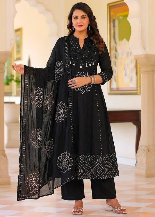Women's Anarkali Kurta Set in Assorted Colors Premium 60x60 Cotton with Pintex Yoke and Foil Print