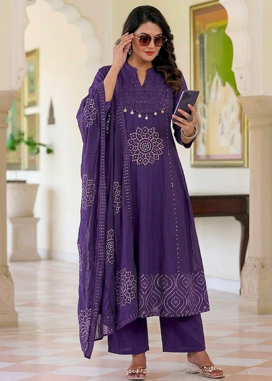 Women's Anarkali Kurta Set in Assorted Colors Premium 60x60 Cotton with Pintex Yoke and Foil Print