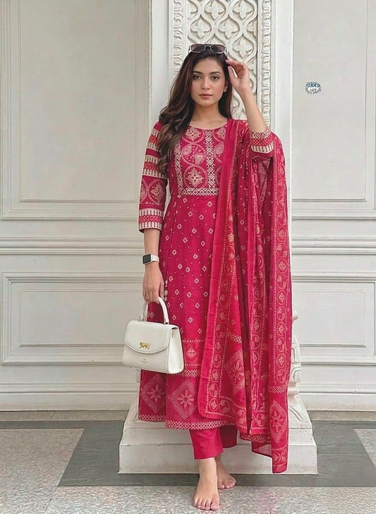 Women's Anarkali Kurta Set in Assorted Colors Premium Cotton with Embroidered Neckline - Festive Wear