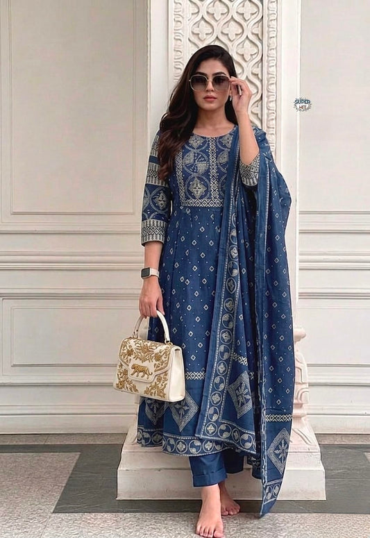 Women's Anarkali Kurta Set in Assorted Colors Premium Cotton with Embroidered Neckline - Festive Wear