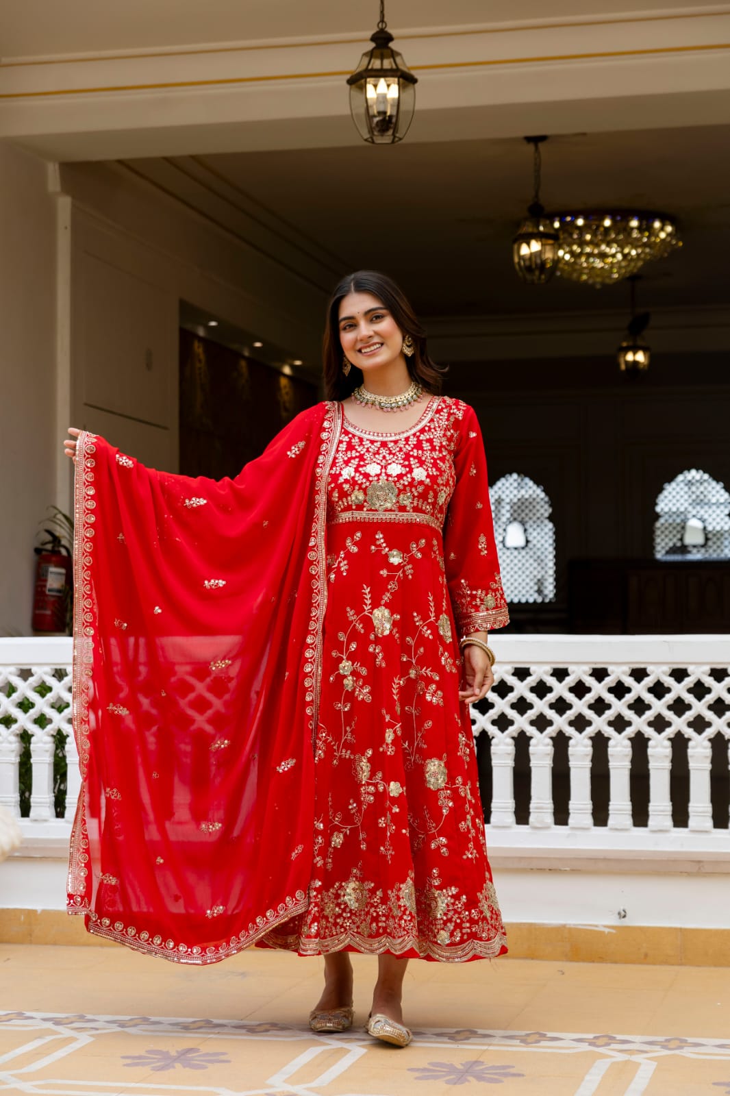 Women's Gown Set in Red Blooming Georgette with Sequin Embroidery