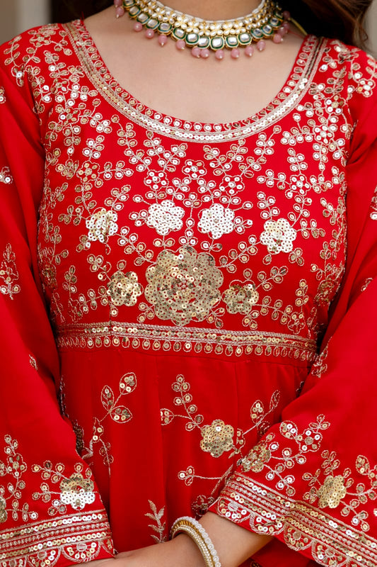 Women's Gown Set in Red Blooming Georgette with Sequin Embroidery