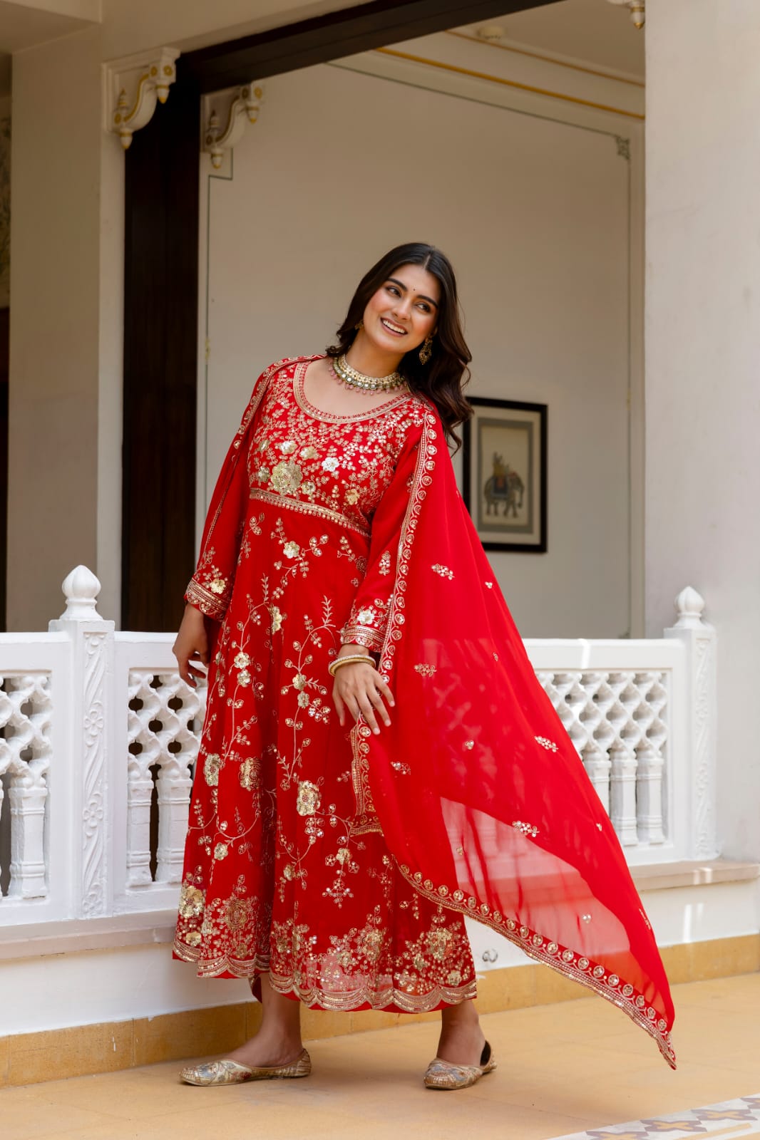 Women's Gown Set in Red Blooming Georgette with Sequin Embroidery