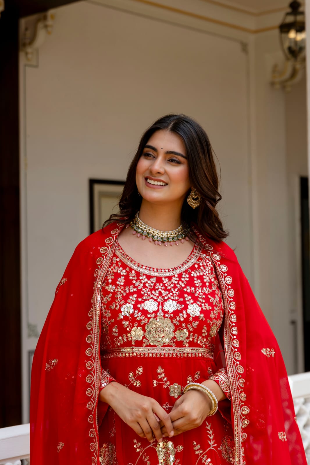 Women's Gown Set in Red Blooming Georgette with Sequin Embroidery