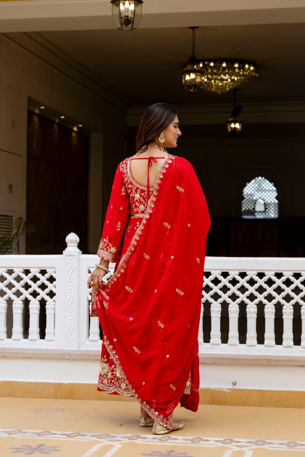 Women's Gown Set in Red Blooming Georgette with Sequin Embroidery