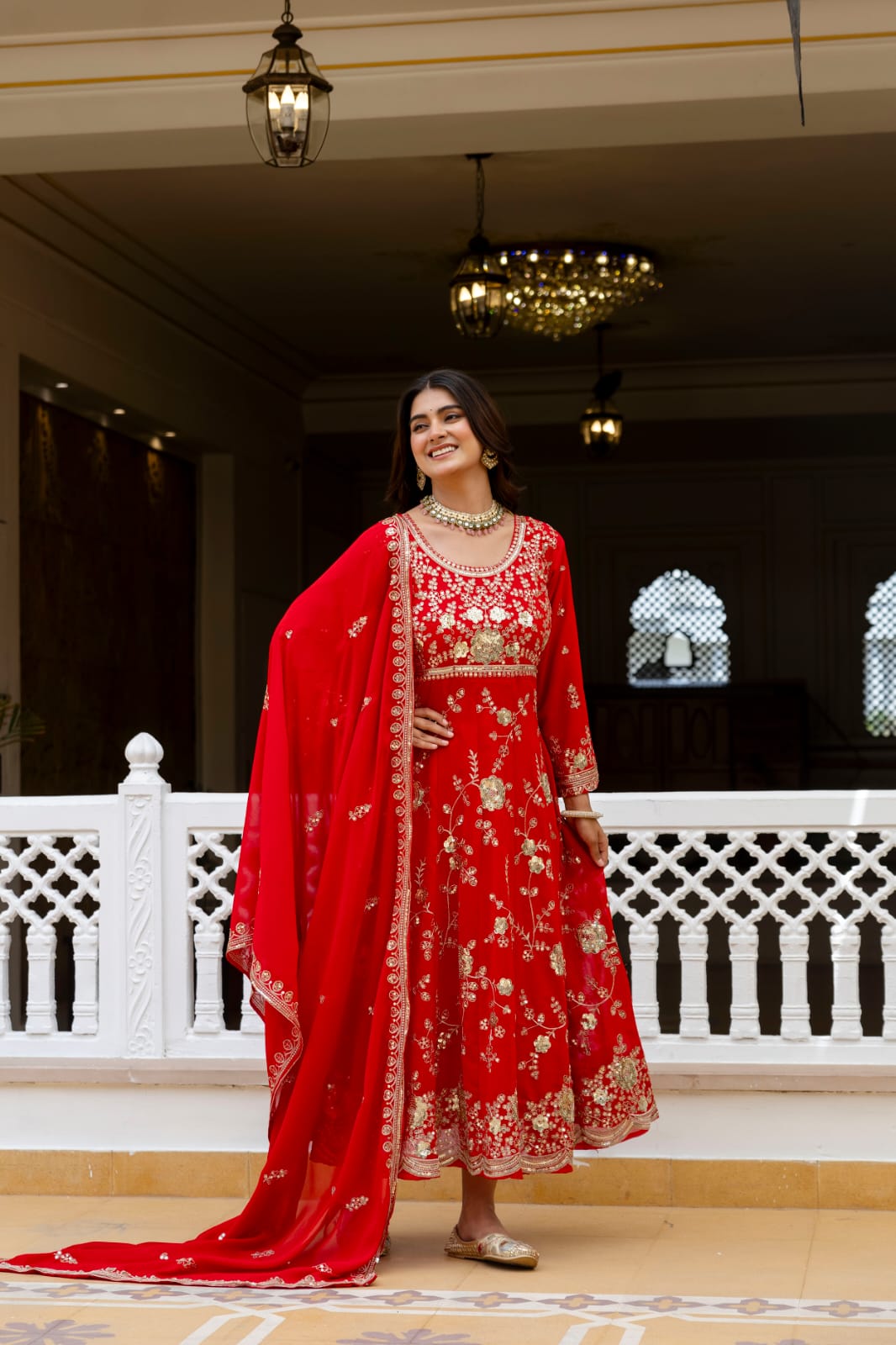 Women's Gown Set in Red Blooming Georgette with Sequin Embroidery