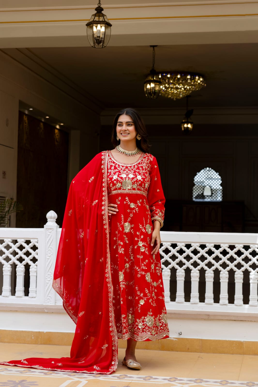 Women's Gown Set in Red Blooming Georgette with Sequin Embroidery