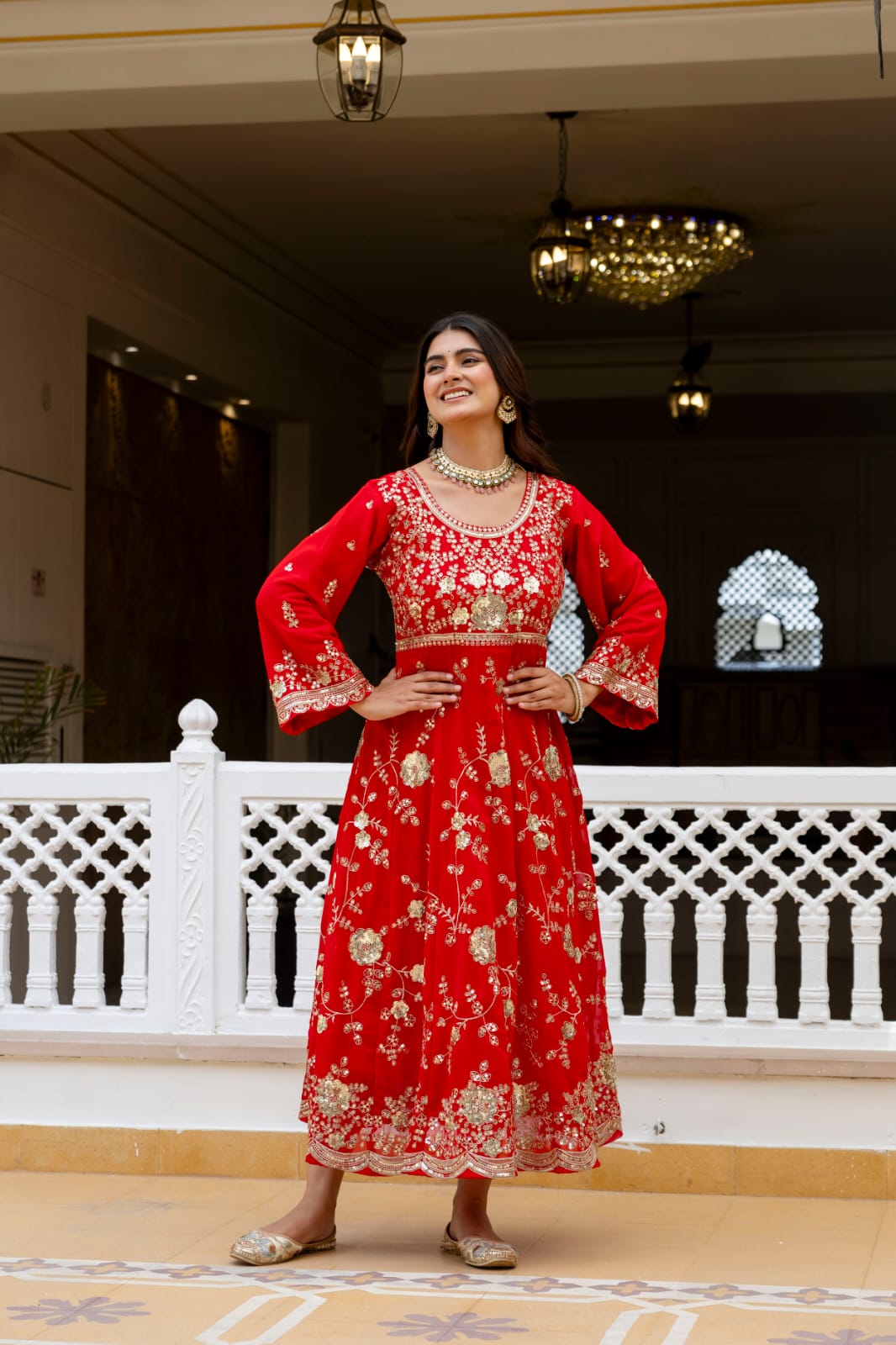 Women's Gown Set in Red Blooming Georgette with Sequin Embroidery