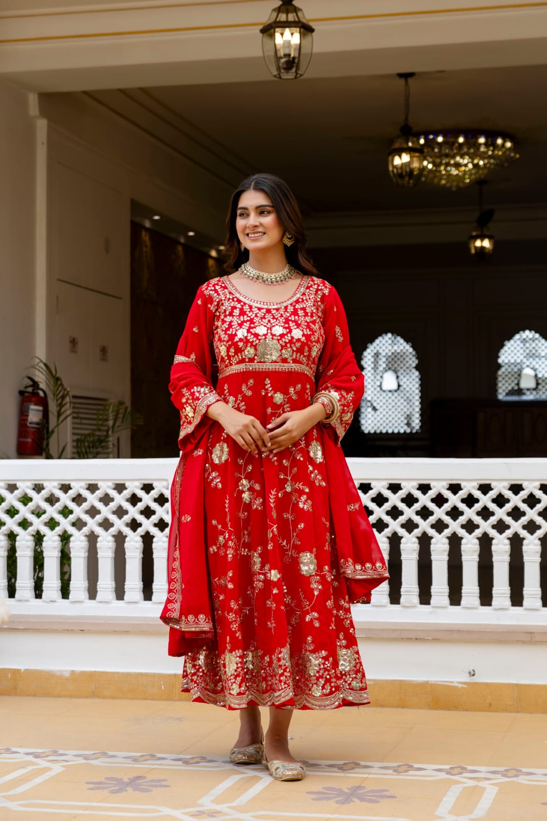 Women's Gown Set in Red Blooming Georgette with Sequin Embroidery