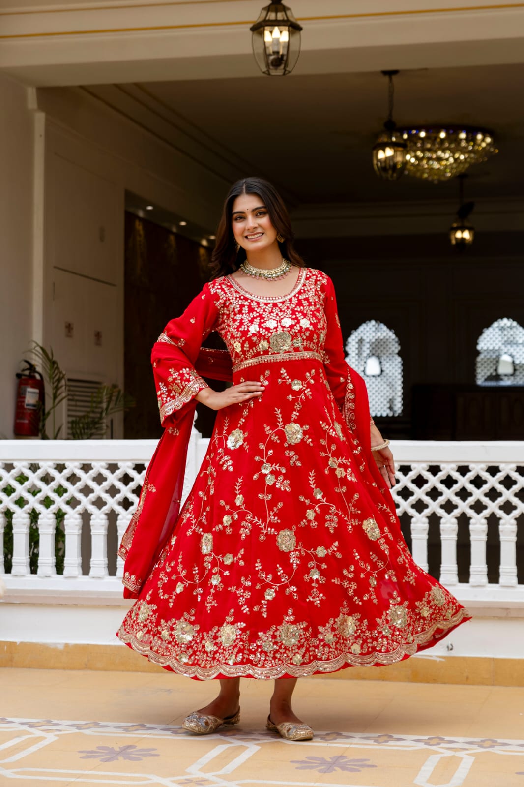 Women's Gown Set in Red Blooming Georgette with Sequin Embroidery
