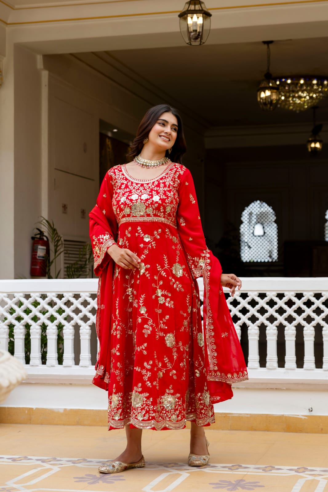 Women's Gown Set in Red Blooming Georgette with Sequin Embroidery