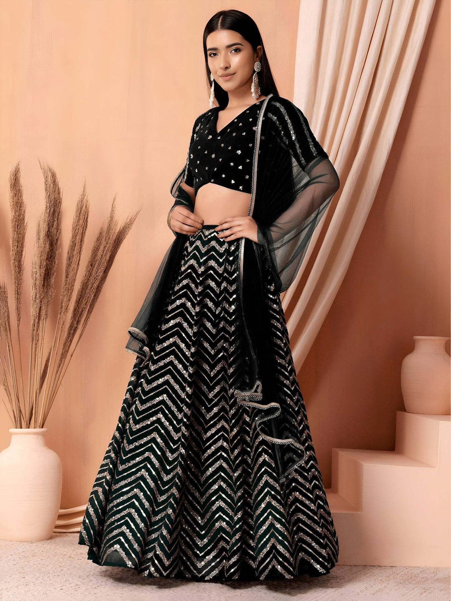 Women's Lehenga in Black Georgette with Zari & Sequins Embroidery