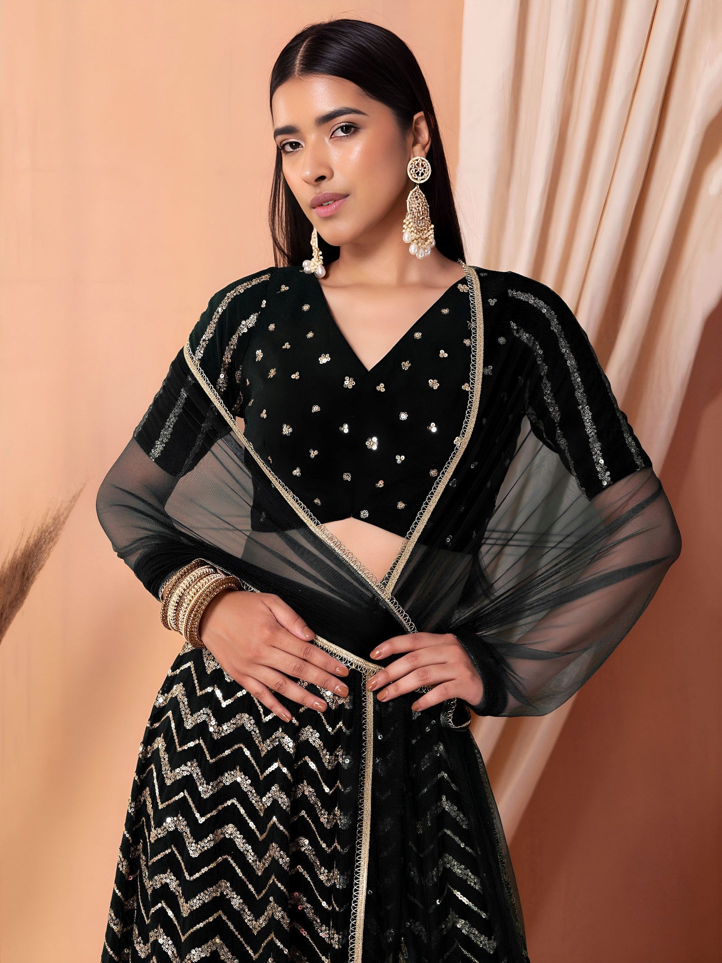 Women's Lehenga in Black Georgette with Zari & Sequins Embroidery