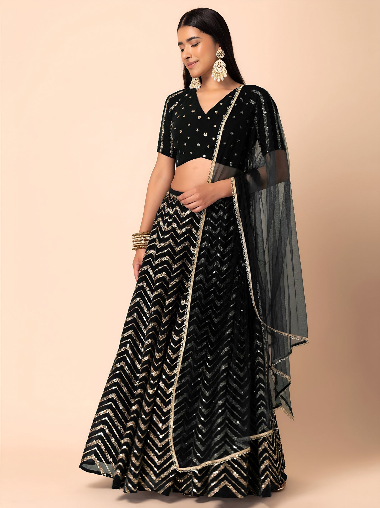 Women's Lehenga in Black Georgette with Zari & Sequins Embroidery