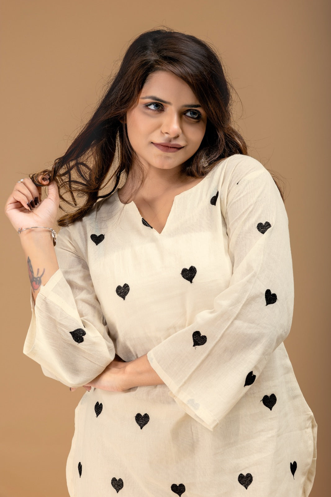 Women's Cotton Co-Ord Set in Off White with Heart Embroidery