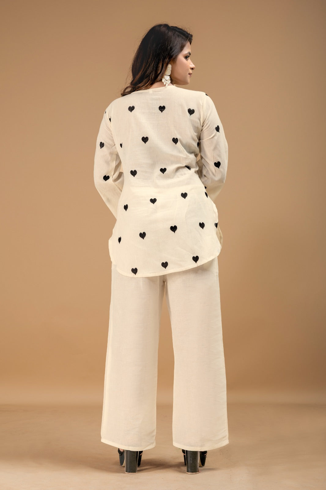 Women's Cotton Co-Ord Set in Off White with Heart Embroidery