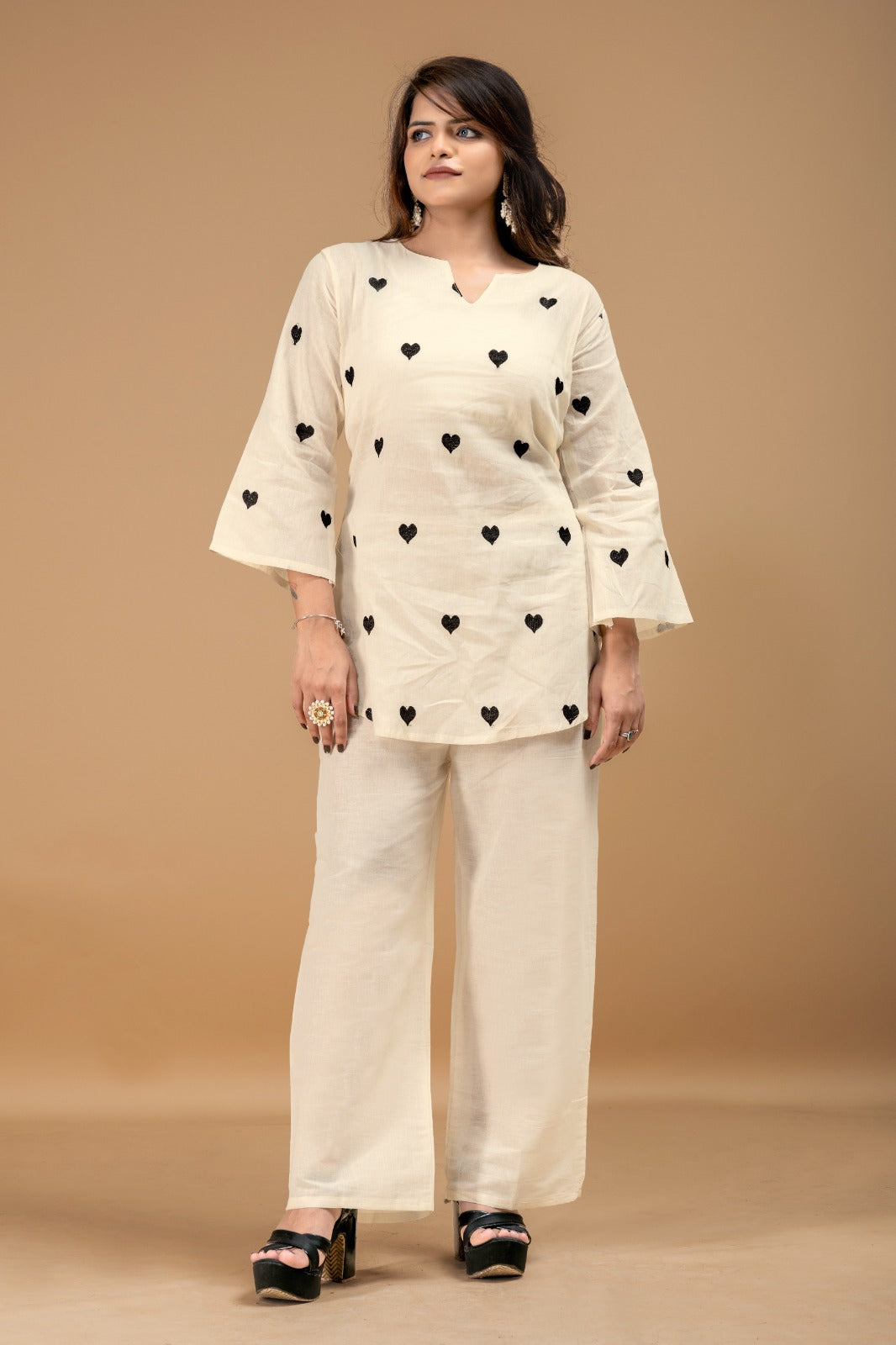 Women's Cotton Co-Ord Set in Off White with Heart Embroidery