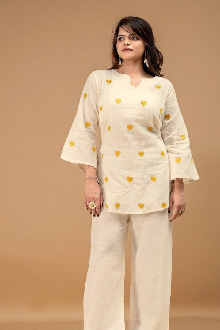 Women's Cotton Co-Ord Set in Off White with Heart Embroidery