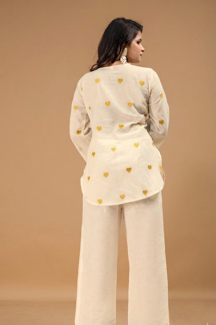 Women's Cotton Co-Ord Set in Off White with Heart Embroidery