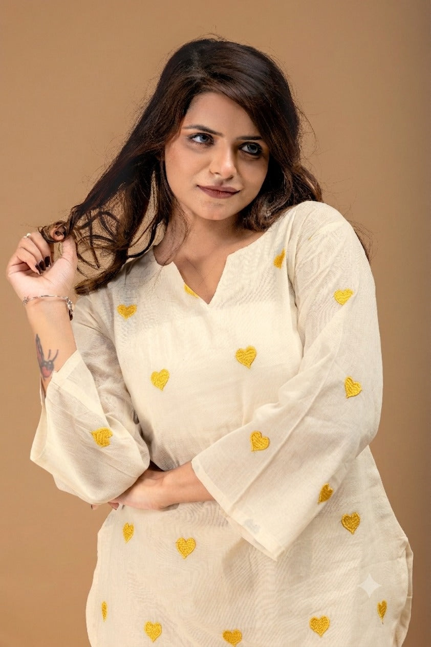 Women's Cotton Co-Ord Set in Off White with Heart Embroidery