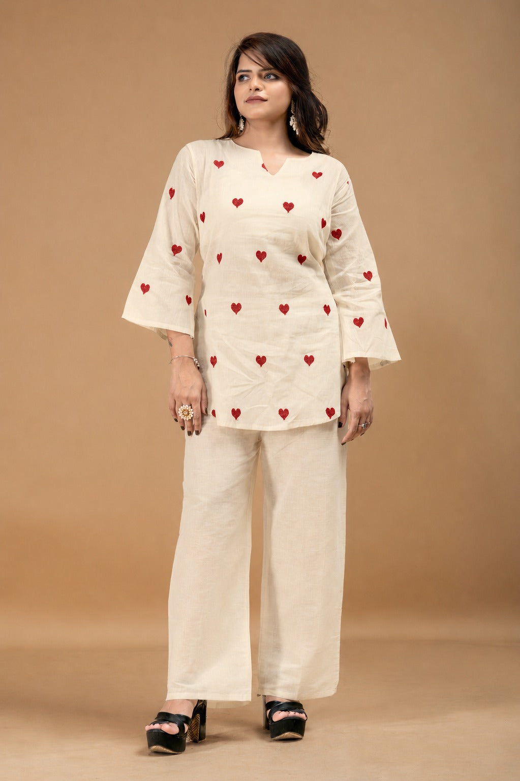 Women's Cotton Co-Ord Set in Off White with Heart Embroidery