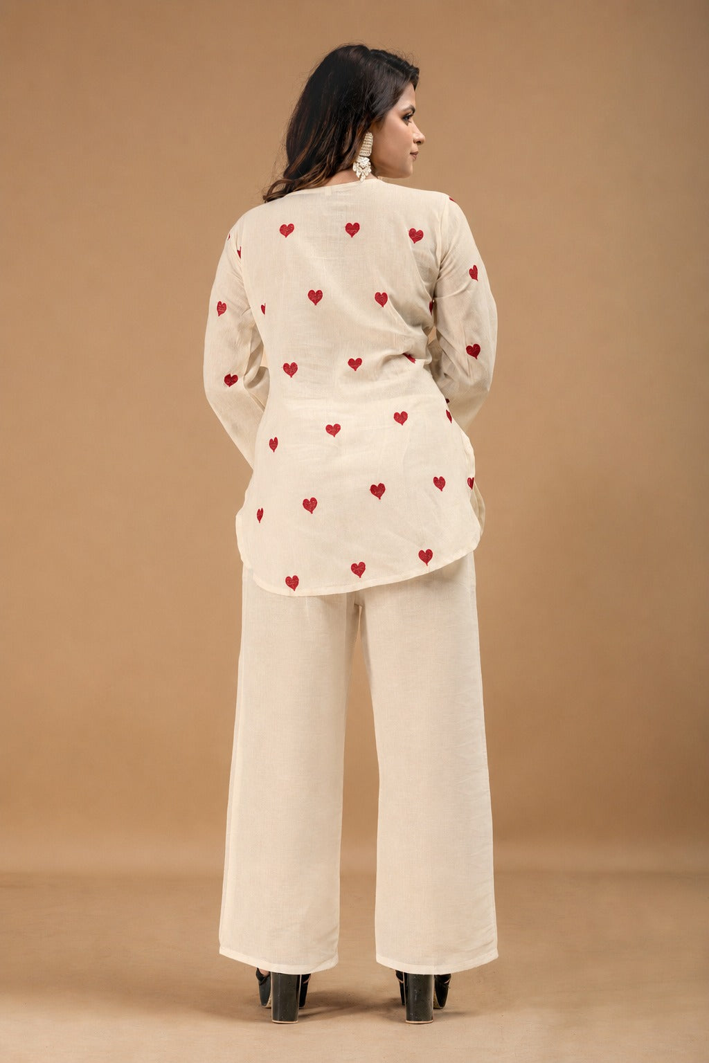 Women's Cotton Co-Ord Set in Off White with Heart Embroidery