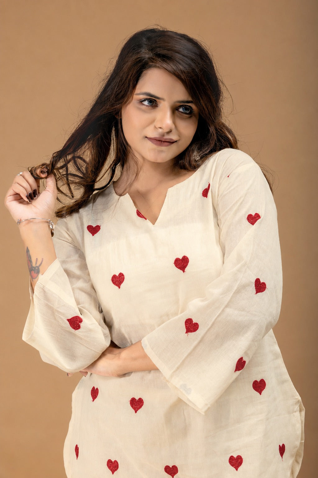 Women's Cotton Co-Ord Set in Off White with Heart Embroidery