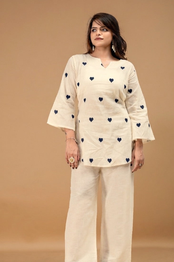 Women's Cotton Co-Ord Set in Off White with Heart Embroidery