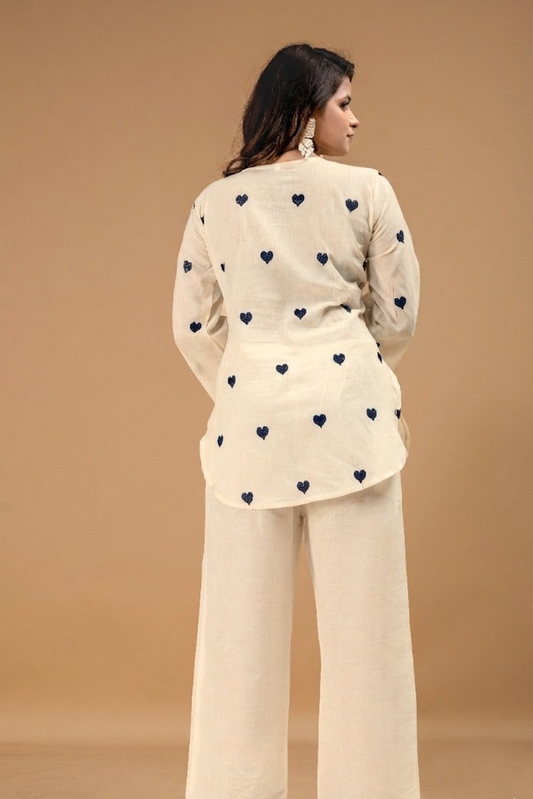 Women's Cotton Co-Ord Set in Off White with Heart Embroidery