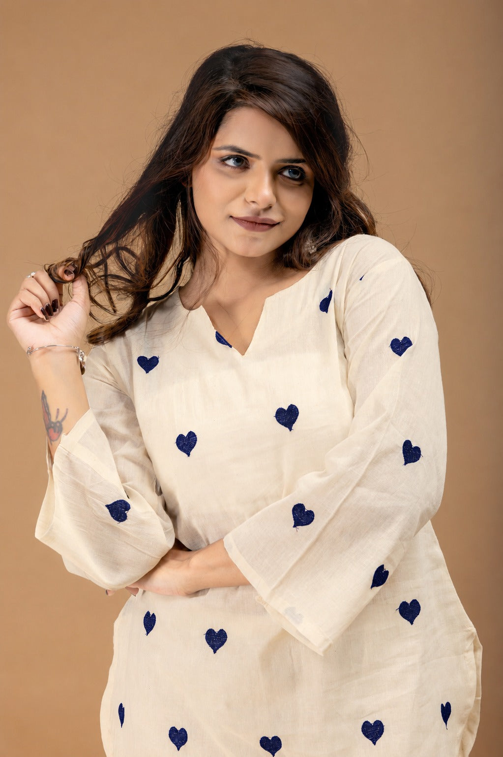 Women's Cotton Co-Ord Set in Off White with Heart Embroidery