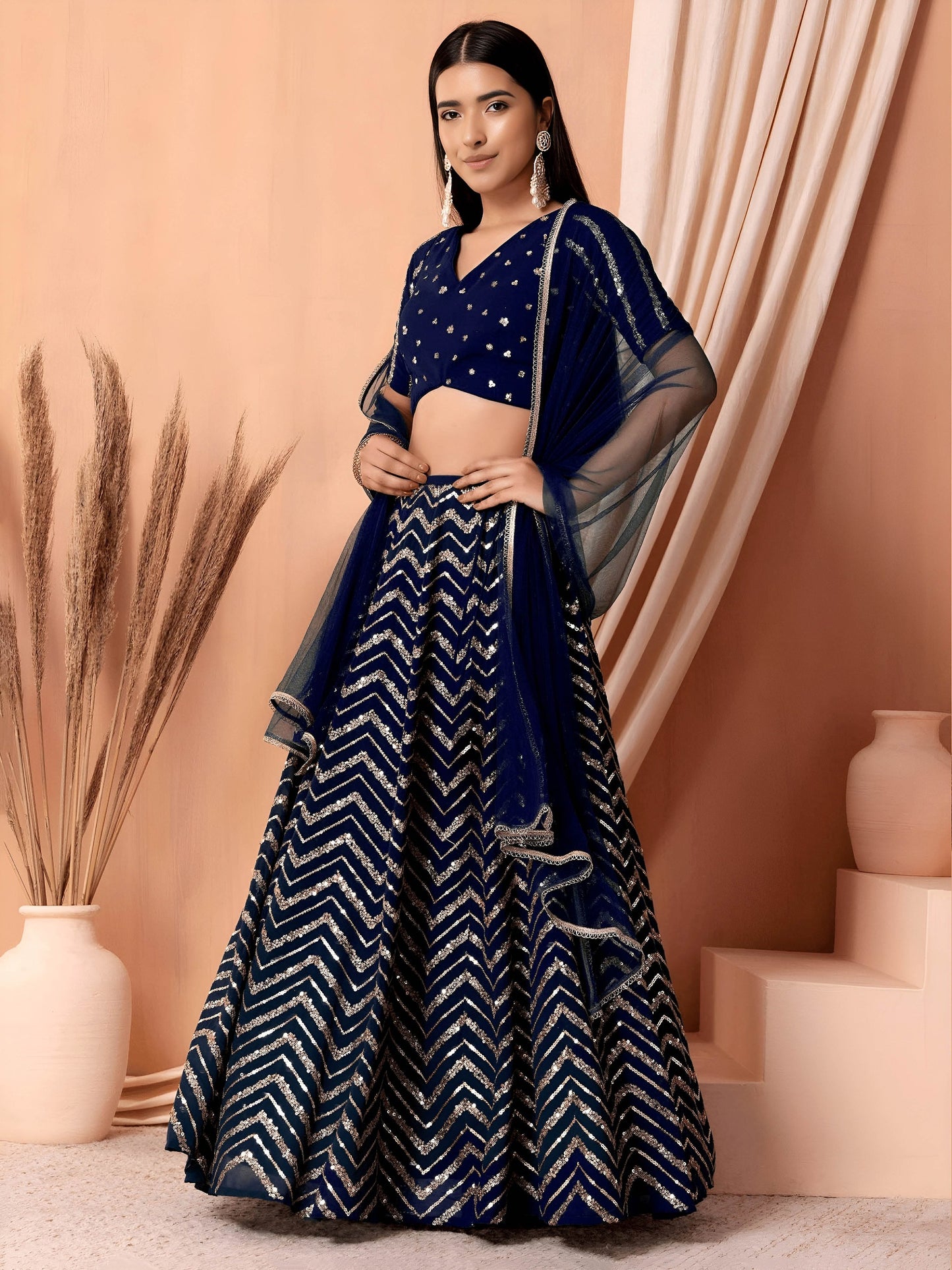 Women's Lehenga in Navy Blue Georgette with Zari & Sequins Embroidery