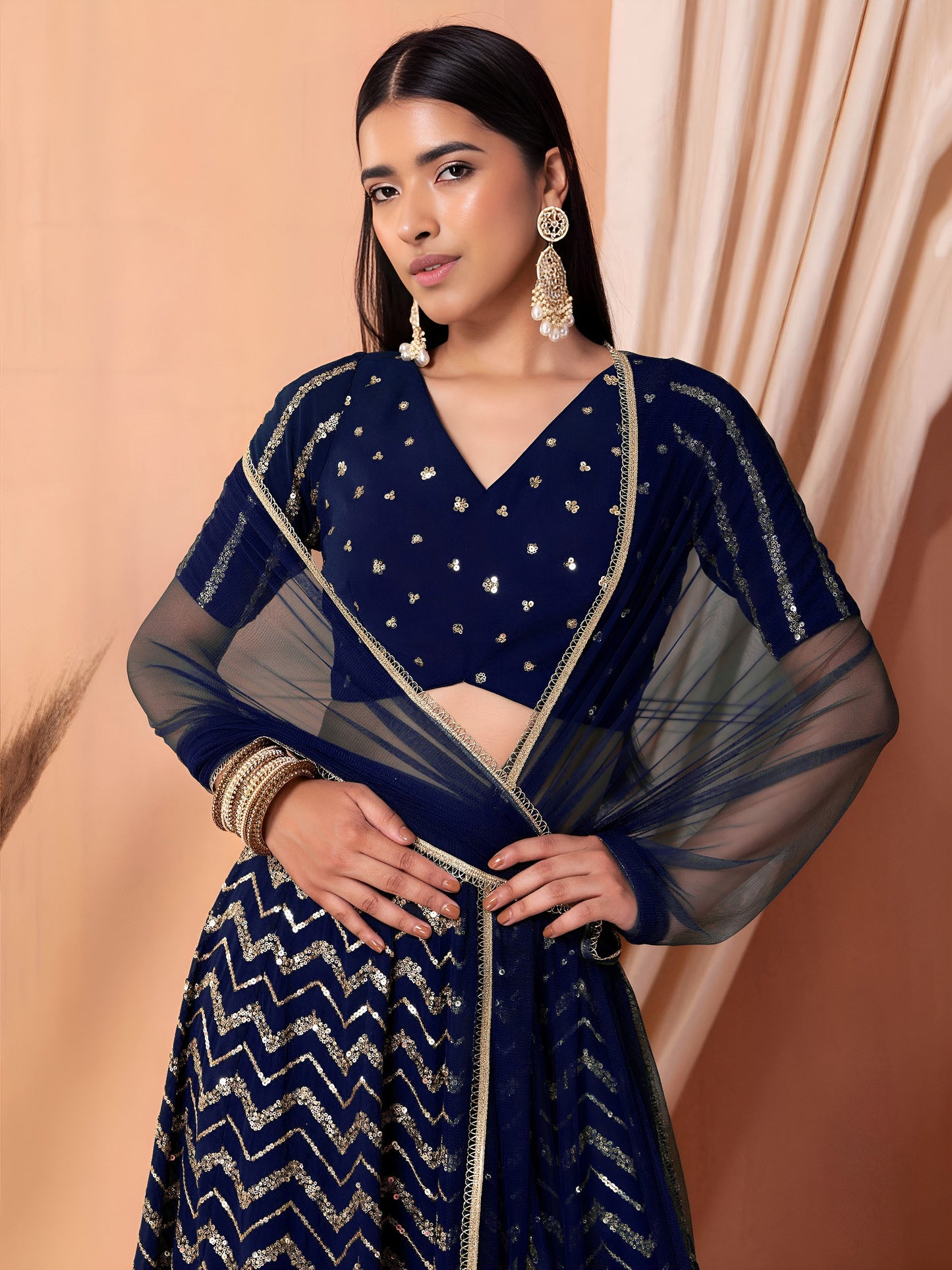 Women's Lehenga in Navy Blue Georgette with Zari & Sequins Embroidery