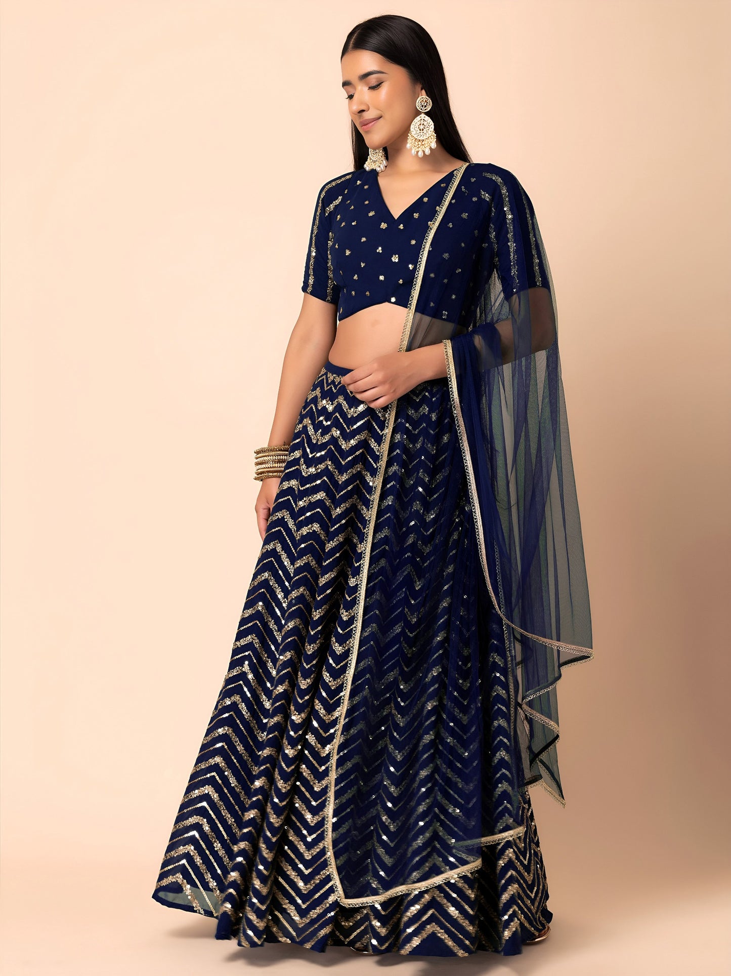 Women's Lehenga in Navy Blue Georgette with Zari & Sequins Embroidery