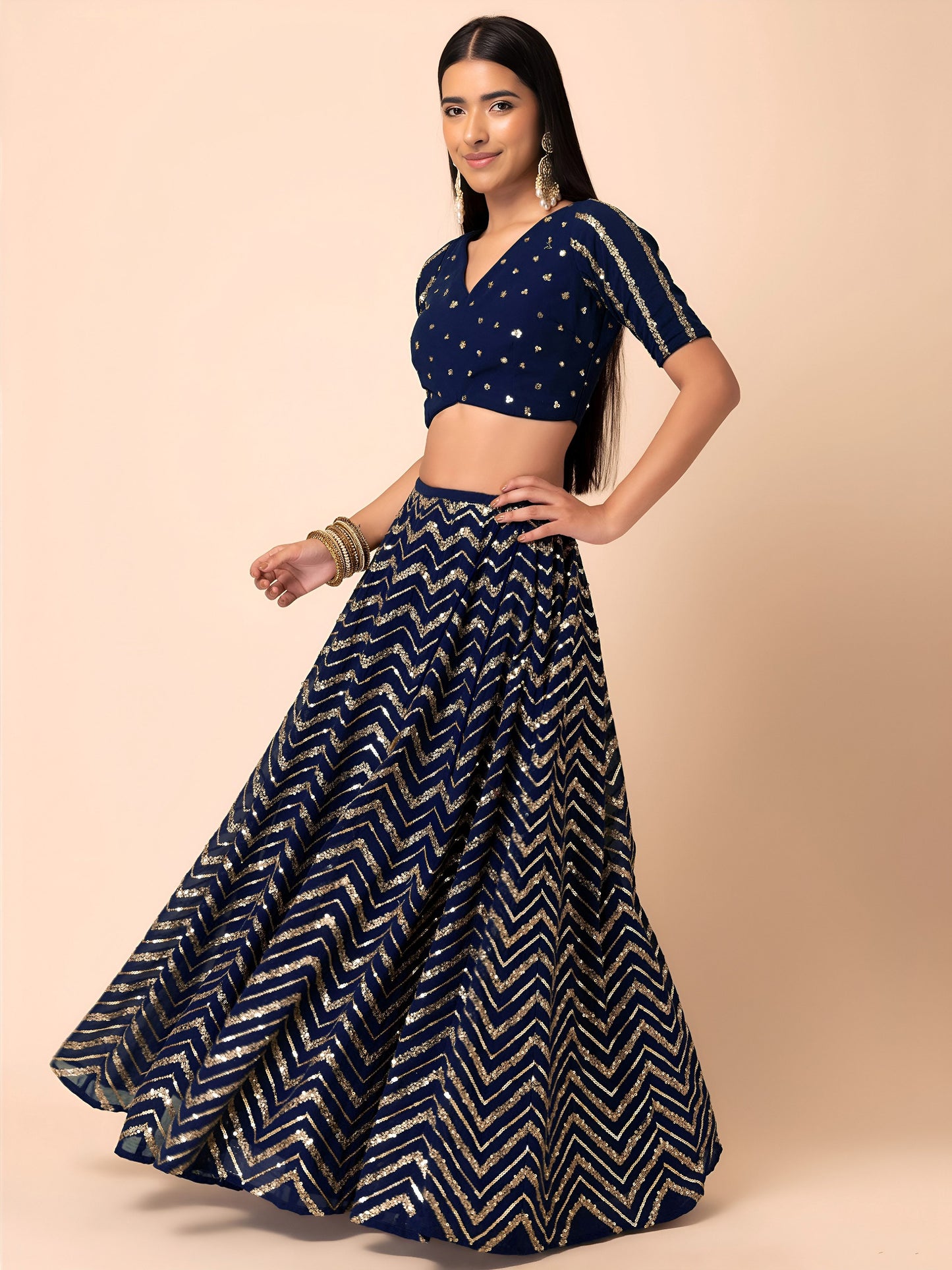 Women's Lehenga in Navy Blue Georgette with Zari & Sequins Embroidery
