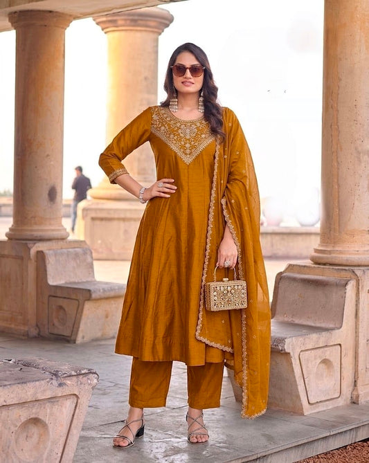 Women's Kurta Pant Set in Mustard & Purple Vichitra Silk with Coding and Embroidery Work
